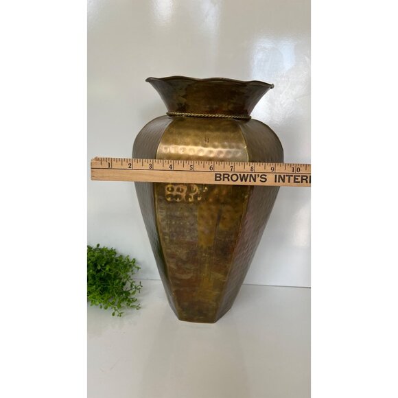 Handmade Hammered Brass Vase With Rope Detail 16" Tall Wide Flared Rim Hexagonal - Picture 7 of 7